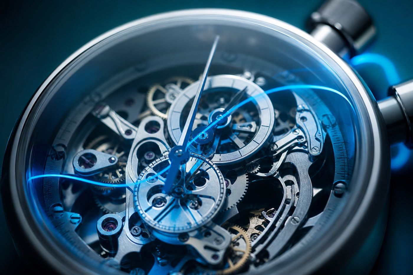 Macro of a stopwatch movement with a single blue light thread through the gears, a precisely timed process