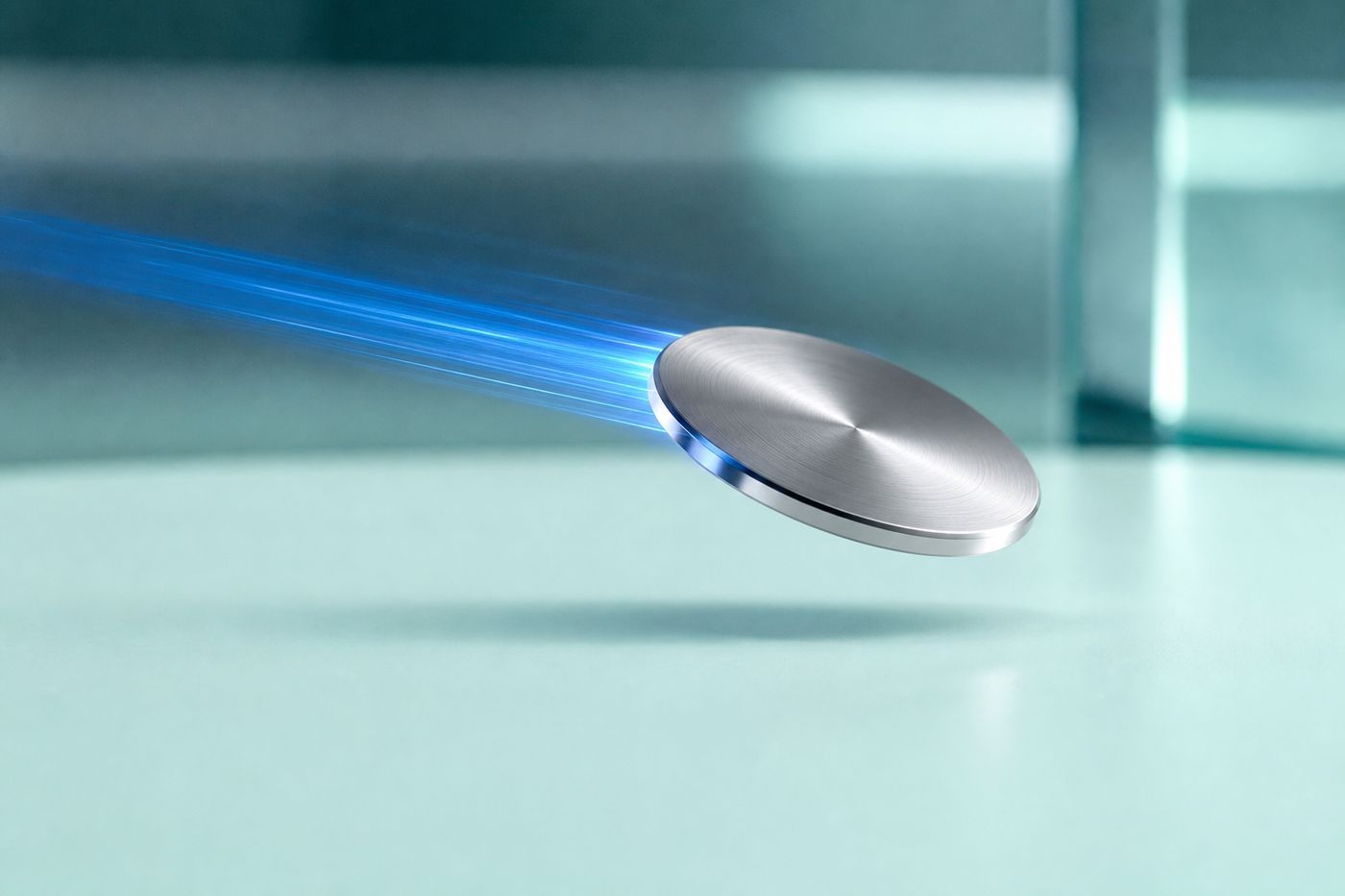 A single disc snapping forward on a crisp blue motion streak, the feel of a sub-hour payout