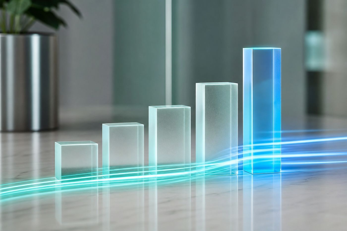 Ranked glass podium blocks of ascending height with light trails racing along the base, a payout-speed ranking