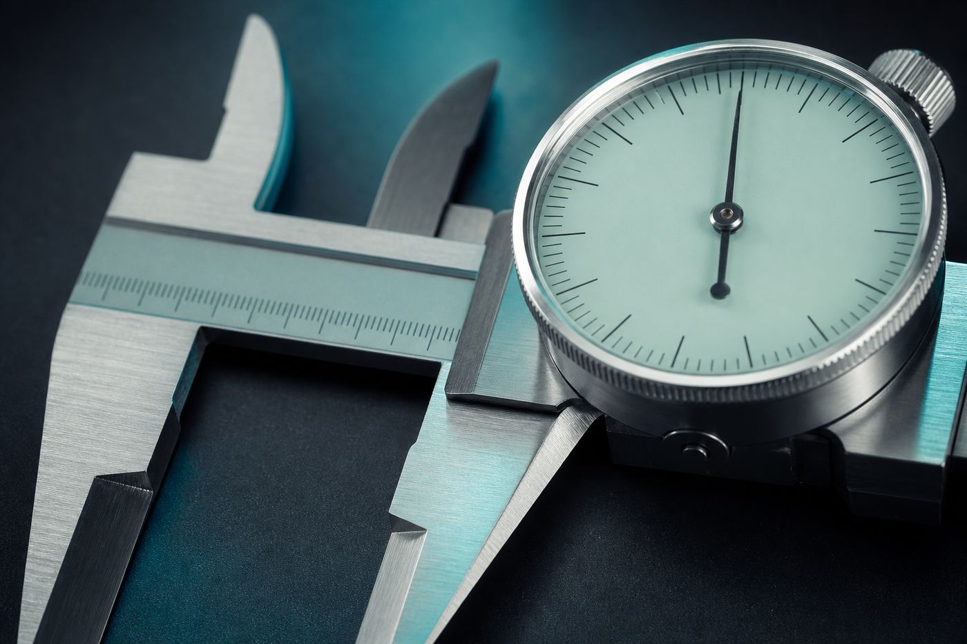 Precision calipers and a dial gauge in brushed steel, the measured basis behind the tools