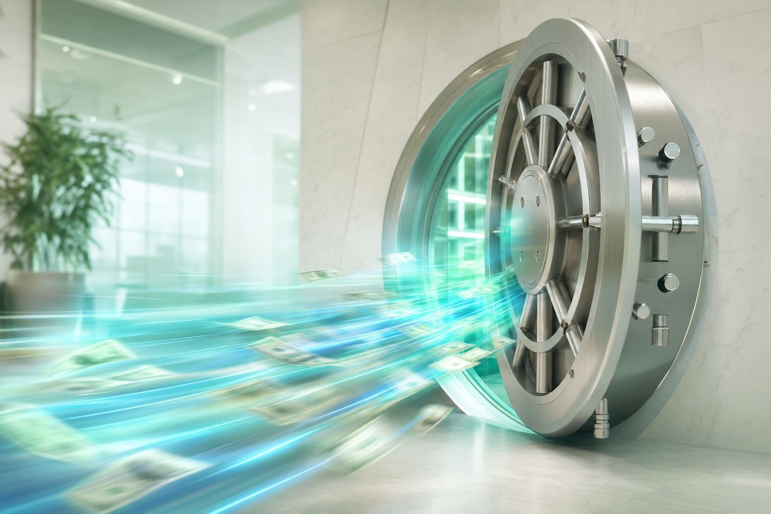 A brushed-metal casino vault easing open with streaks of teal and blue light and banknotes rushing out, money in motion