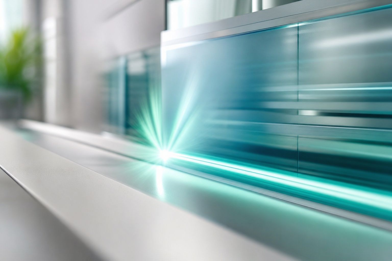 A single bright teal streak snapping into a focal burst, instant arrival