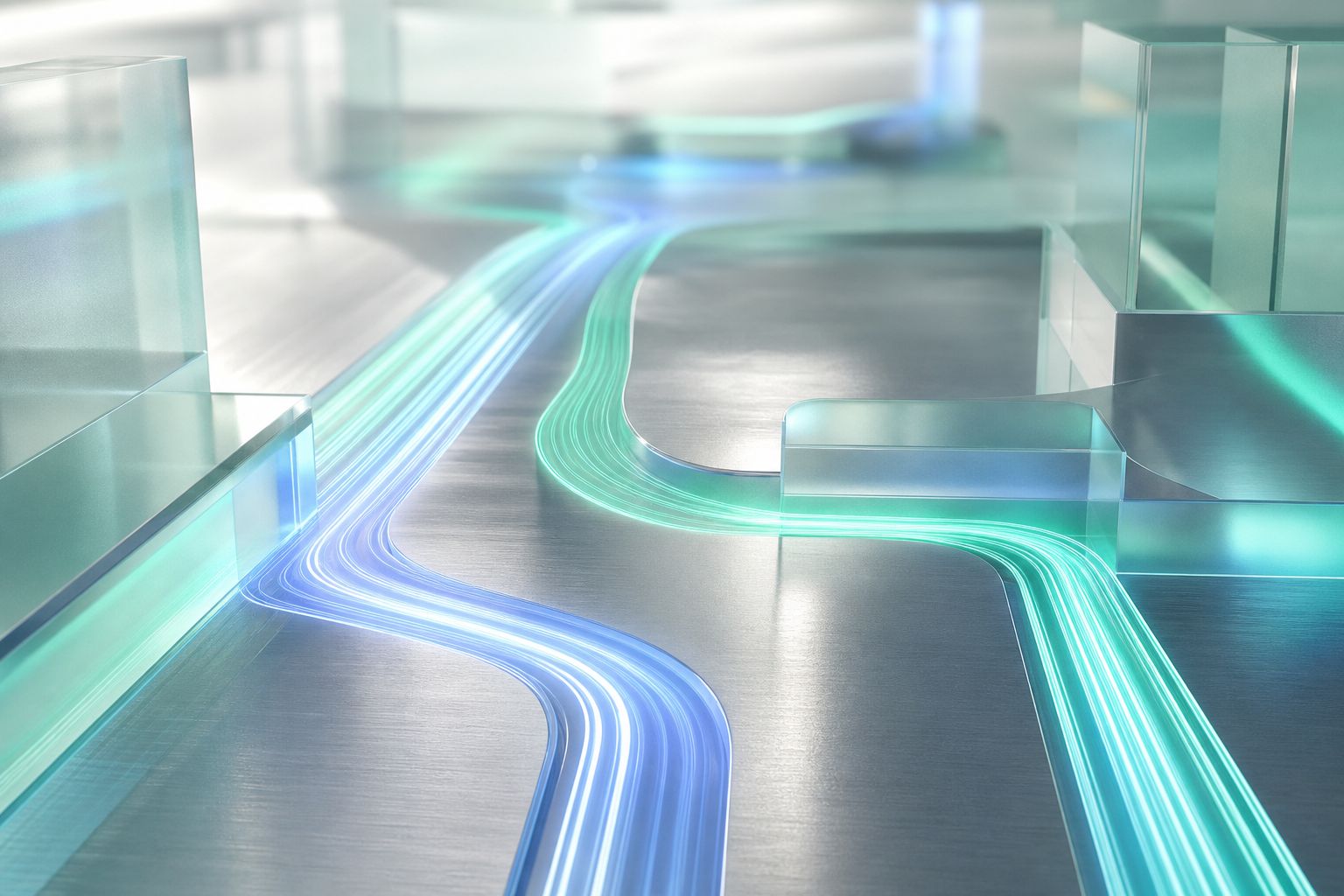 Several glowing channels of teal and blue light branching across brushed metal at different intensities, payout methods at different speeds