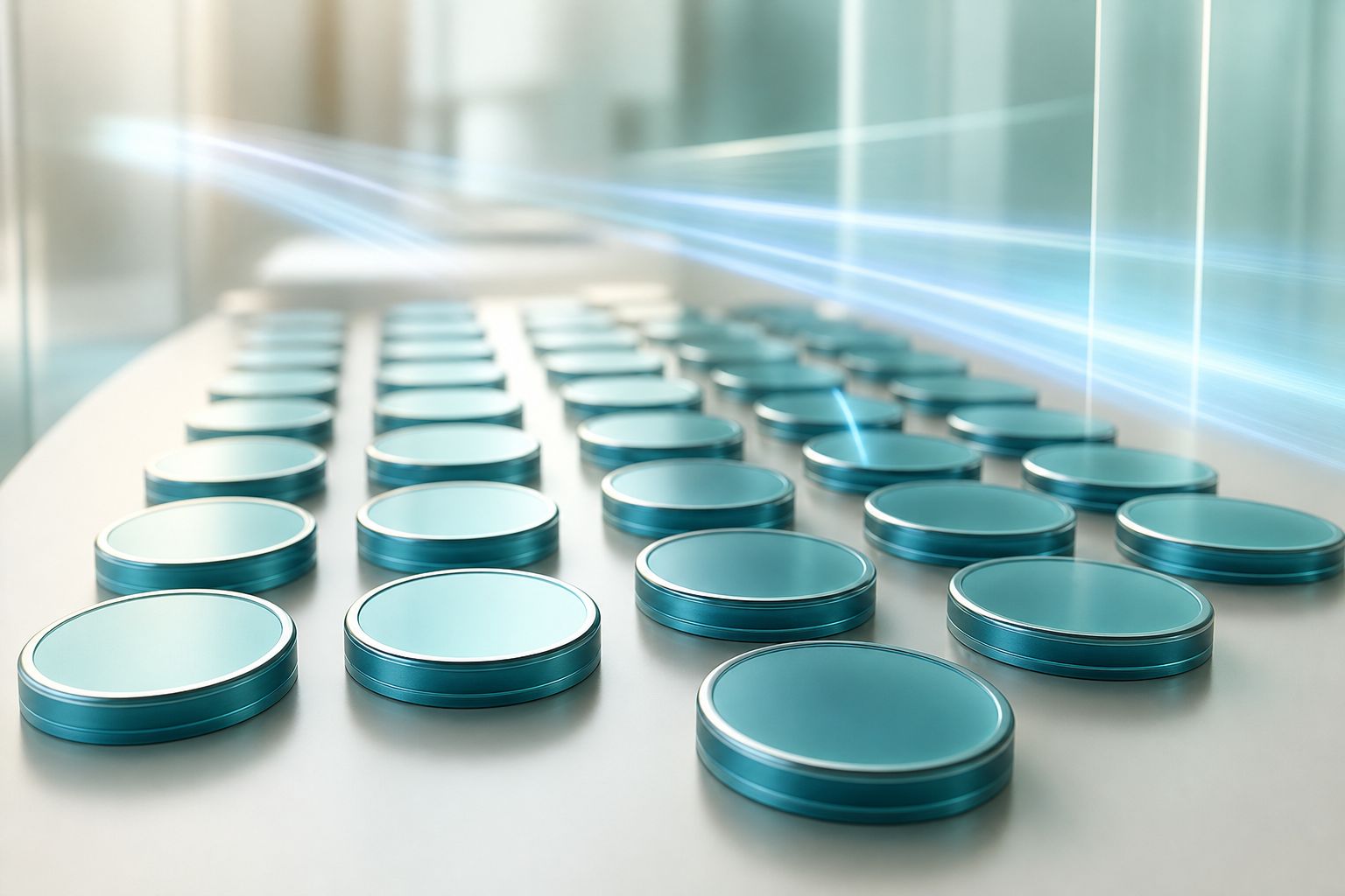 Neat teal and blue tokens arranged in tidy rows, representing defined payout terms