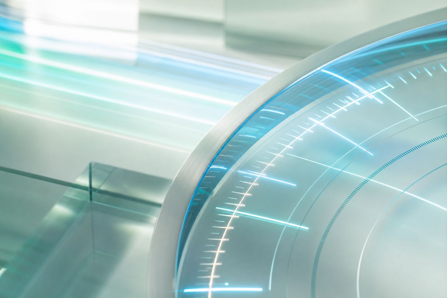 Abstract glowing gauge arcs and fine measurement lines in teal and blue, precision payout instruments