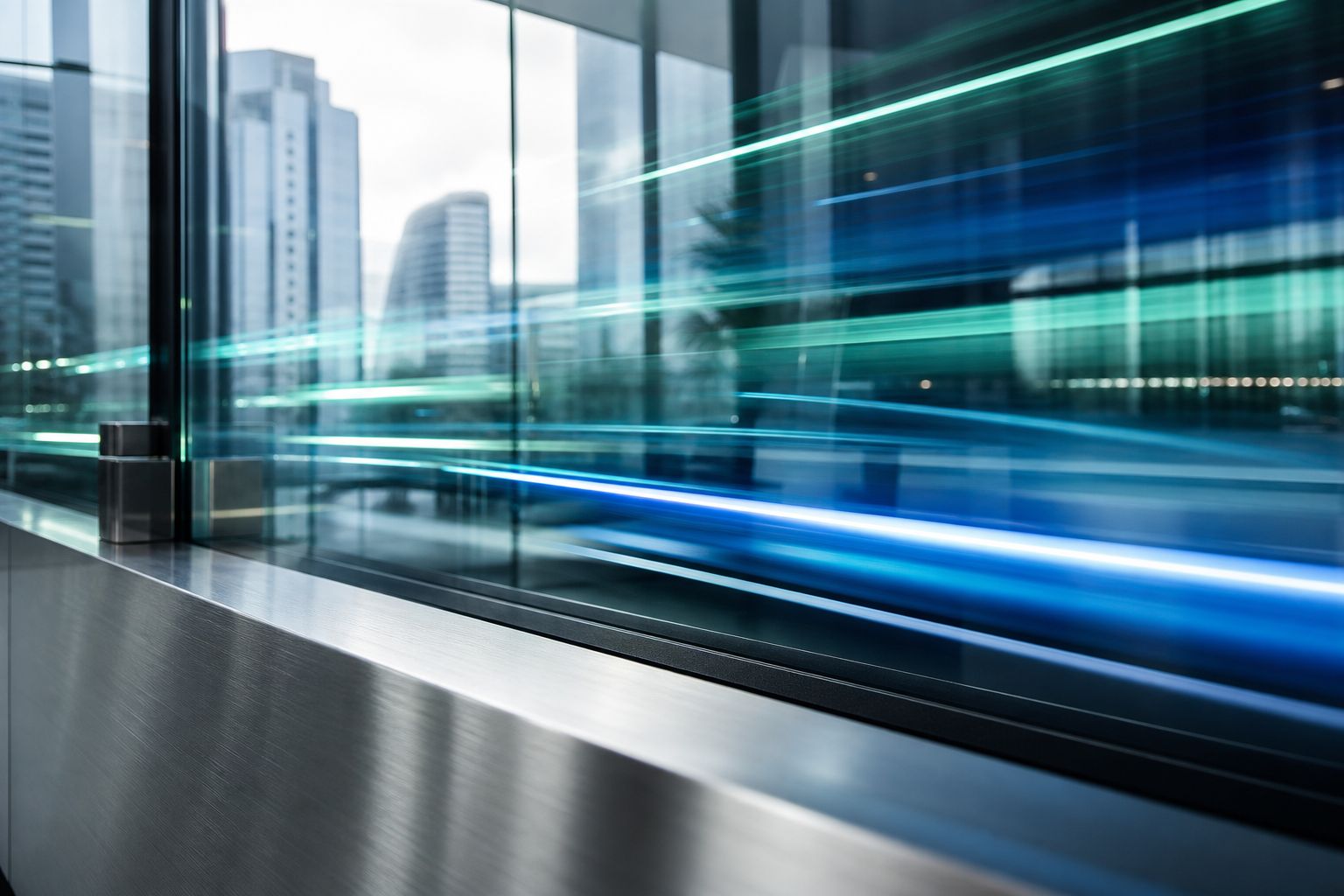 A modern British glass office under cool daylight with teal and blue light streaks suggesting fast digital payments